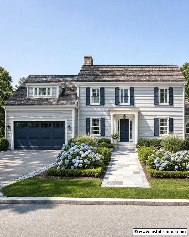 Dove Grey House With Navy Garage Door - 30 Dove Grey House Design With Garage Door Ideas