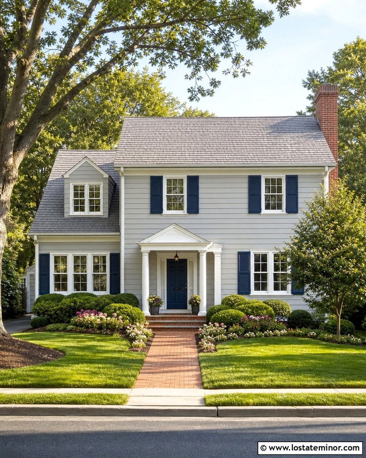 Dove Grey House With Navy Shutters And Shingles - 30 Dove Grey House Design With Shingles Ideas