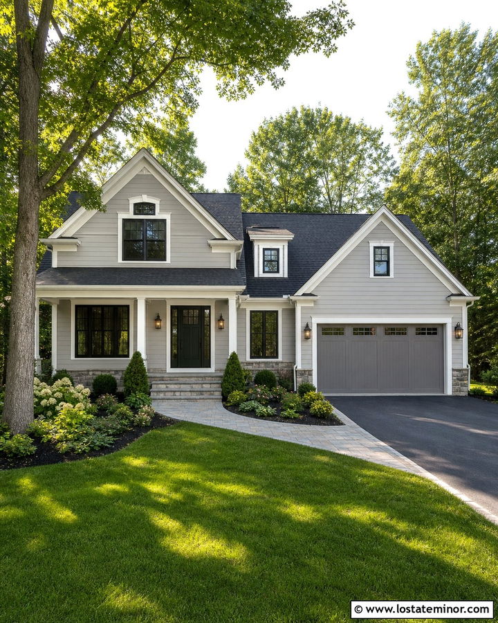 Dove Grey House With Paver Steps And Garage - 30 Dove Grey House Design With Steps Ideas