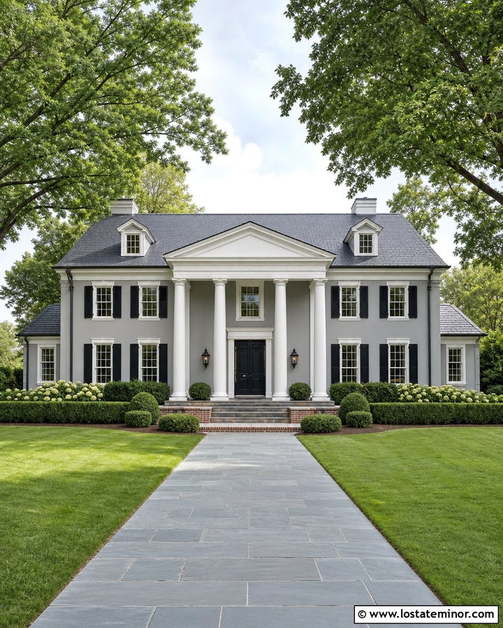 Dove Grey House With Pediment Portico - 30 Dove Grey House Design With Portico Ideas