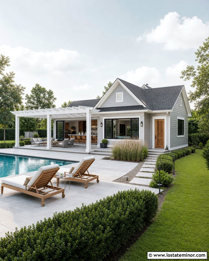Dove Grey House With Poolside Pergola - 30 Dove Grey House Design With Pergola Ideas