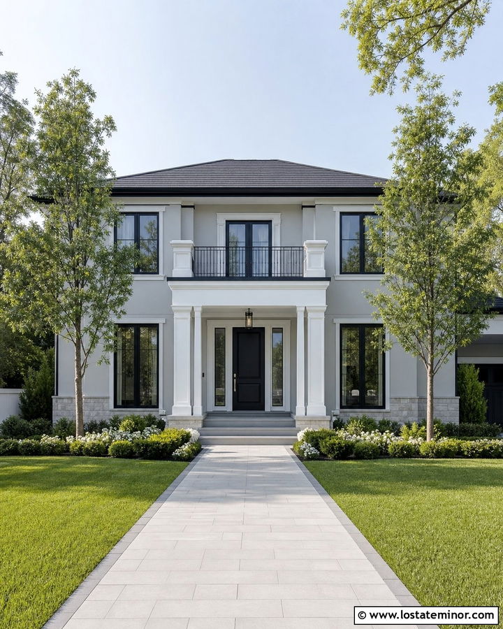 Dove Grey House With Portico And Balcony - 30 Dove Grey House Design With Portico Ideas