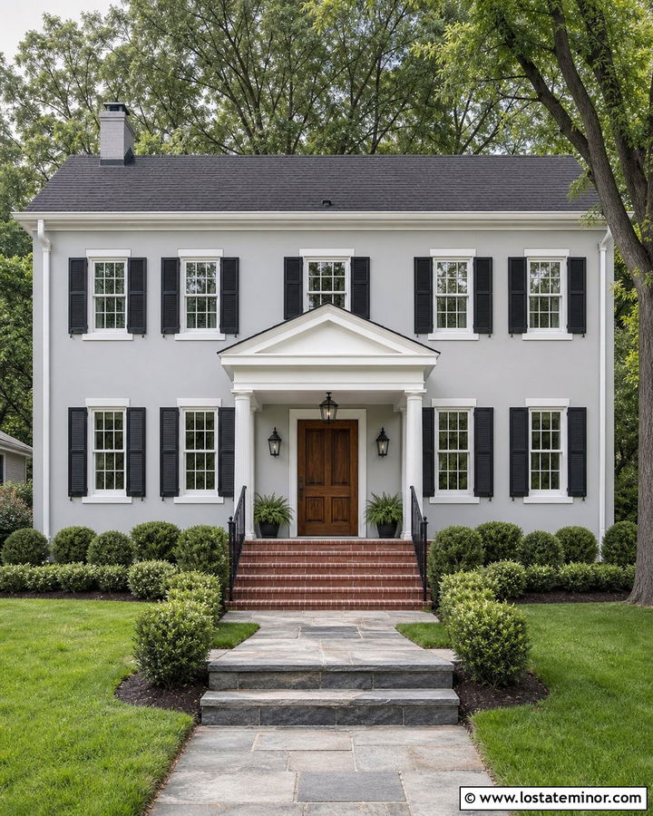 Dove Grey House With Portico And Shutters - 30 Dove Grey House Design With Portico Ideas
