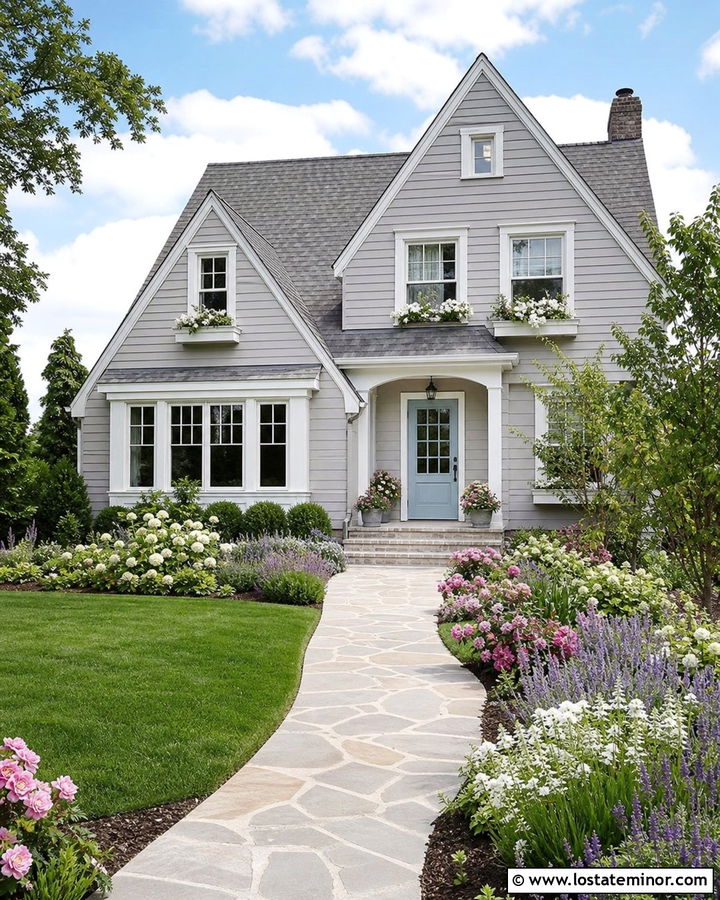 Dove Grey House With Powder Blue Front Door - 30 Dove Grey House Design With Front Door Ideas