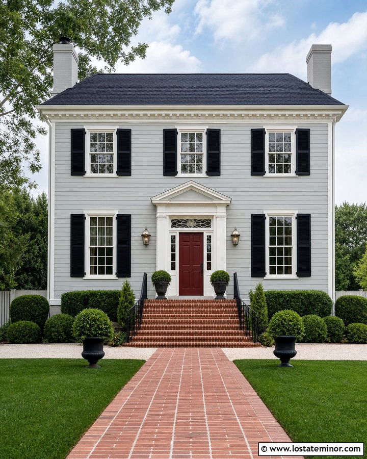 Dove Grey House With Red Door And Brick Staircase - 30 Dove Grey House Design With Steps Ideas