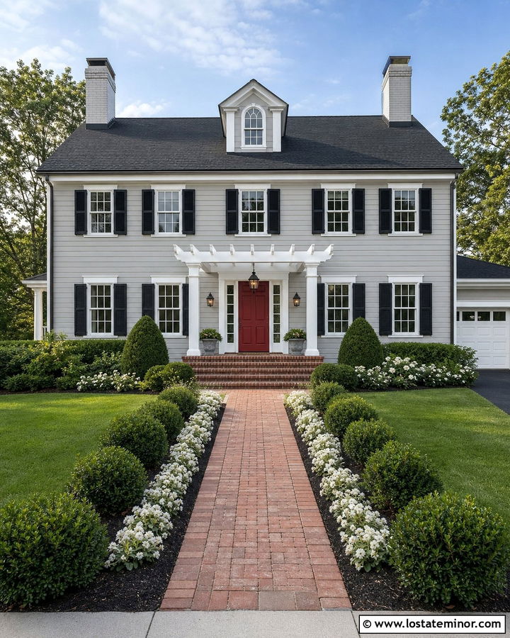 Dove Grey House With Red Door Pergola - 30 Dove Grey House Design With Pergola Ideas