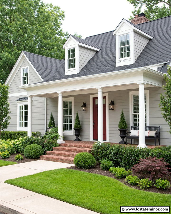 Dove Grey House With Red Door Porch - 30 Dove Grey House Design With Front Porch Ideas