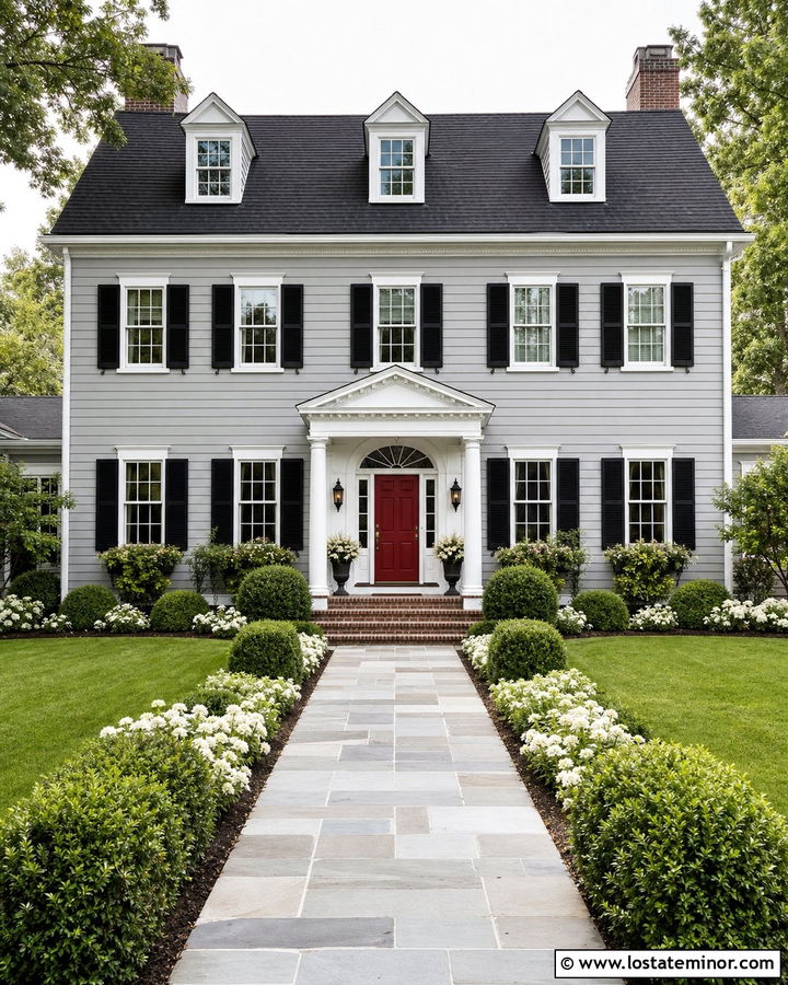 Dove Grey House With Red Door Portico - 30 Dove Grey House Design With Portico Ideas