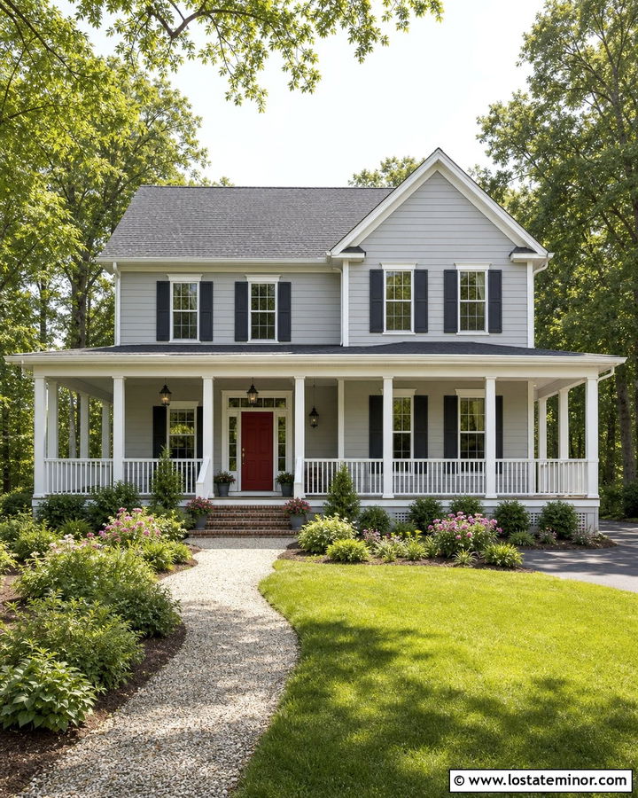 Dove Grey House With Red Front Door And Shingles - 30 Dove Grey House Design With Shingles Ideas