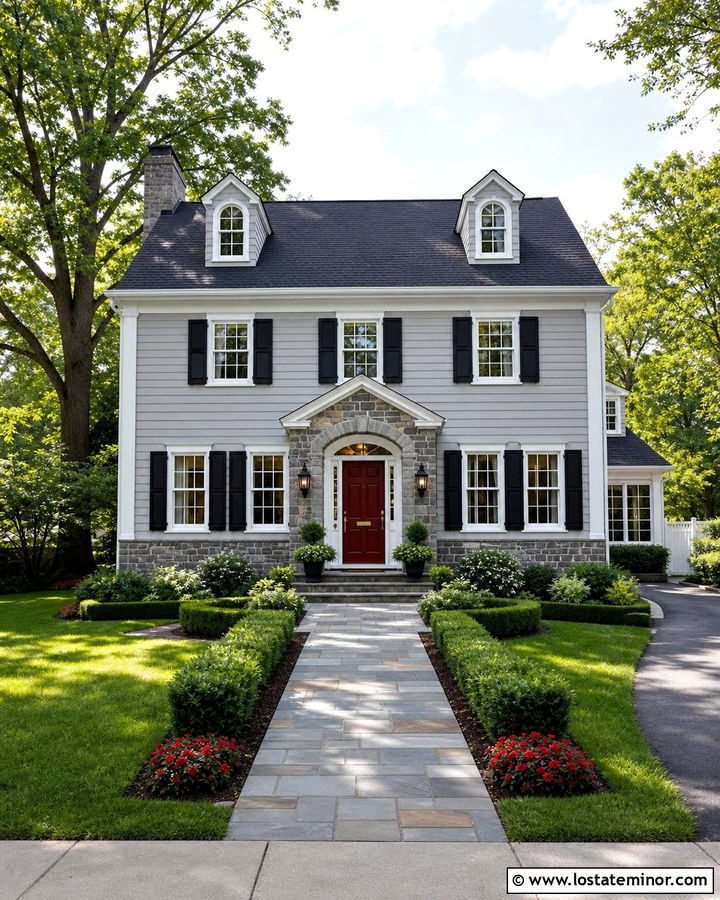 Dove Grey House With Red Front Door And Stone - 30 Dove Grey House Design With Stone Accents Ideas