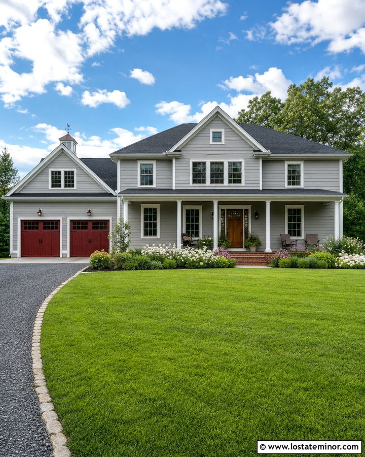 Dove Grey House With Red Garage Door - 30 Dove Grey House Design With Garage Door Ideas
