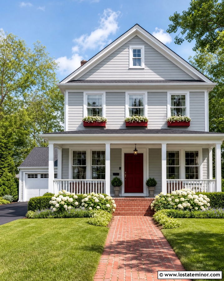 Dove Grey House With Red Window Boxes - 30 Dove Grey House Design With Window Boxes Ideas