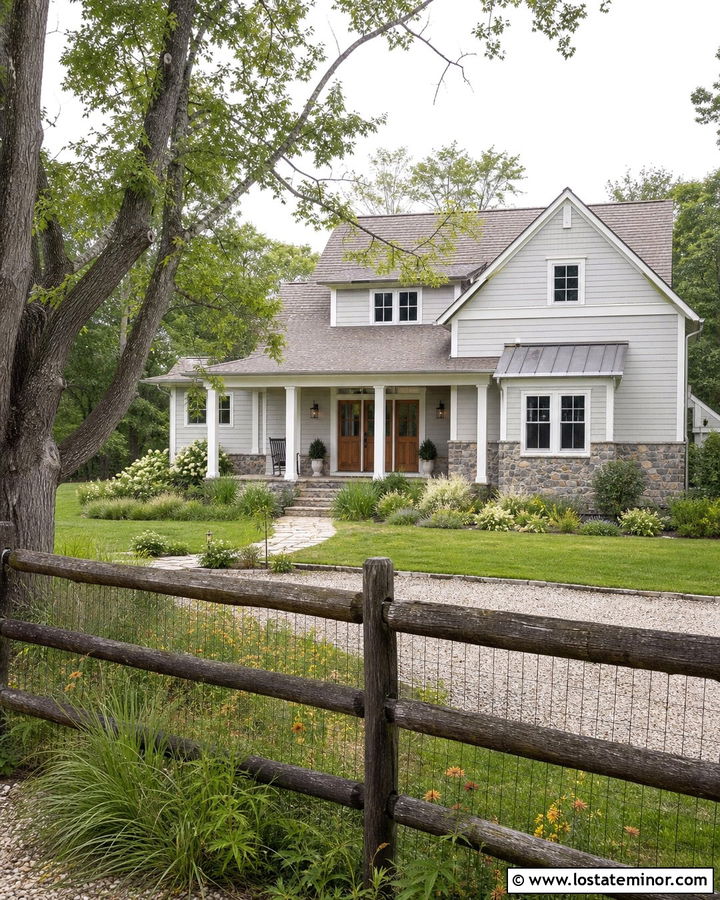 Dove Grey House With Rustic Split Rail Fence - 30 Dove Grey House Design With Fence Ideas
