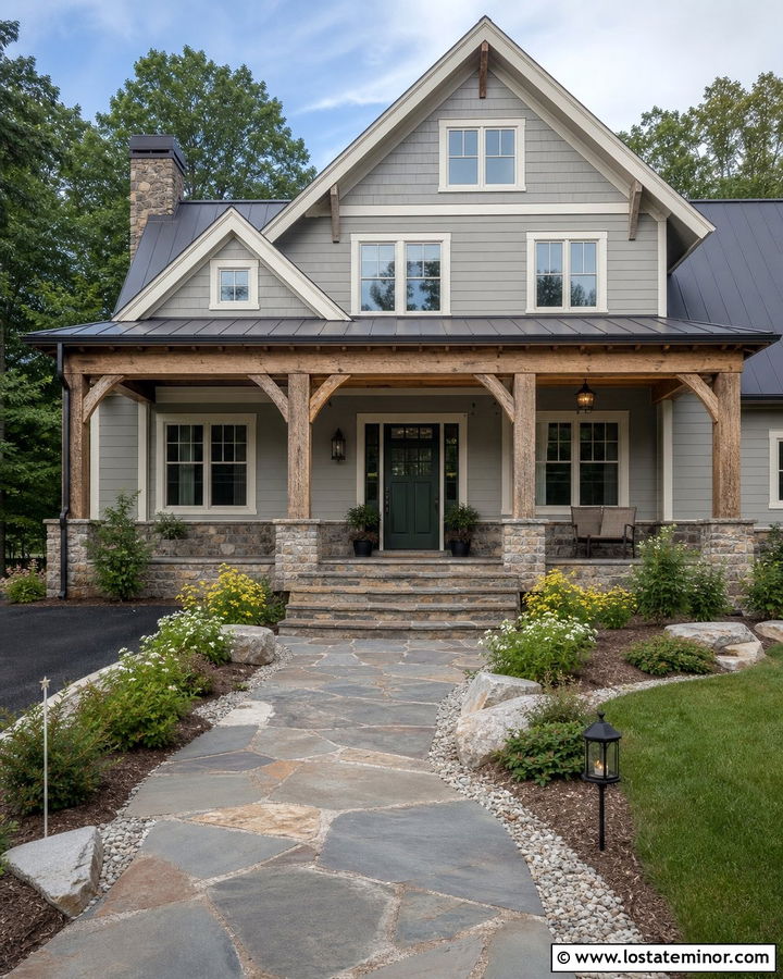 Dove Grey House With Rustic Timber Porch Columns - 30 Dove Grey House Design With Porch Columns Ideas
