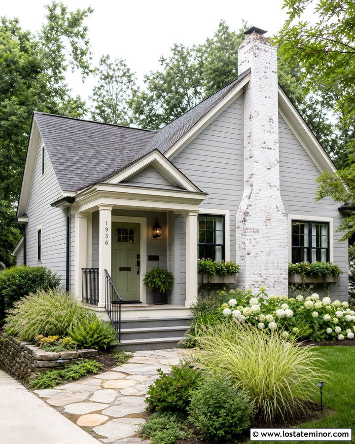Dove Grey House With Sage Door And Whitewashed Chimney - 30 Dove Grey House Design With Chimney Ideas