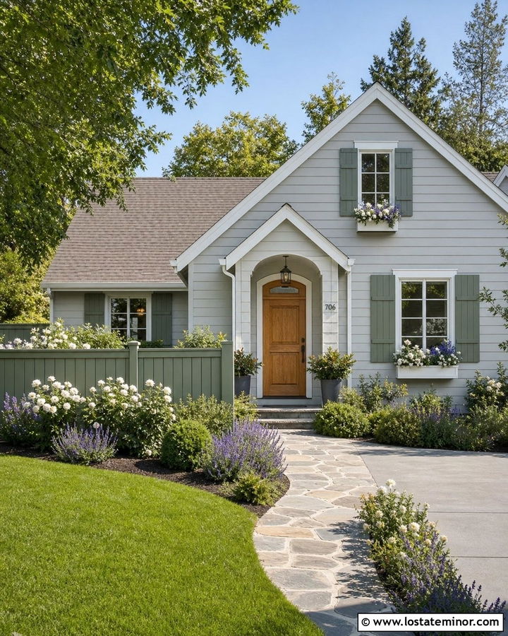 Dove Grey House With Sage Green Fence - 30 Dove Grey House Design With Fence Ideas