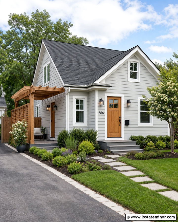 Dove Grey House With Small Side Pergola - 30 Dove Grey House Design With Pergola Ideas