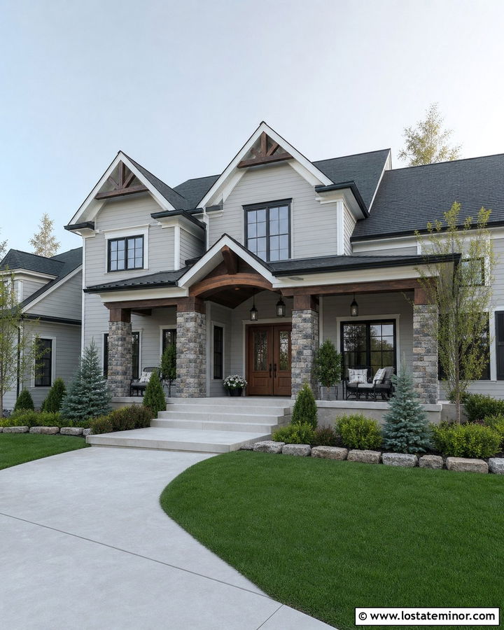 Dove Grey House With Stacked Stone Porch Columns - 30 Dove Grey House Design With Porch Columns Ideas