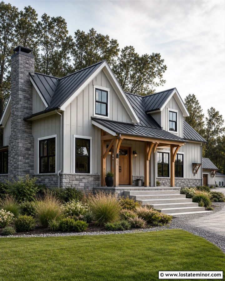 Dove Grey House With Stone And Metal Roof - 30 Dove Grey House Design With Stone Accents Ideas