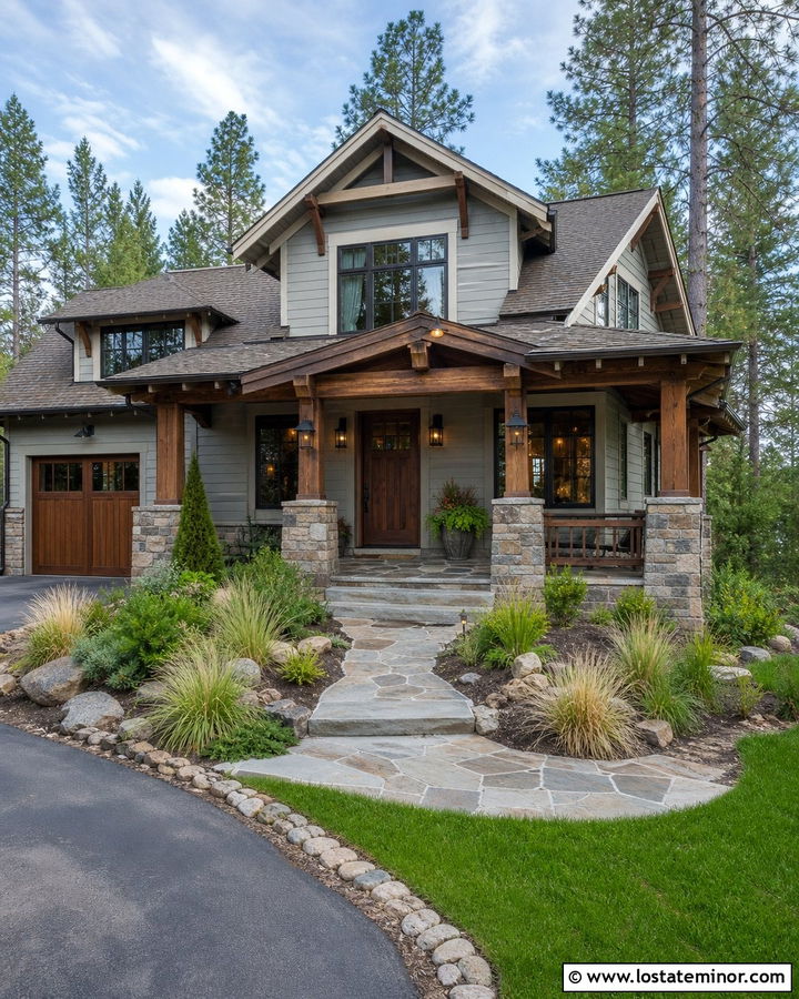Dove Grey House With Stone And Wood Porch Columns - 30 Dove Grey House Design With Porch Columns Ideas