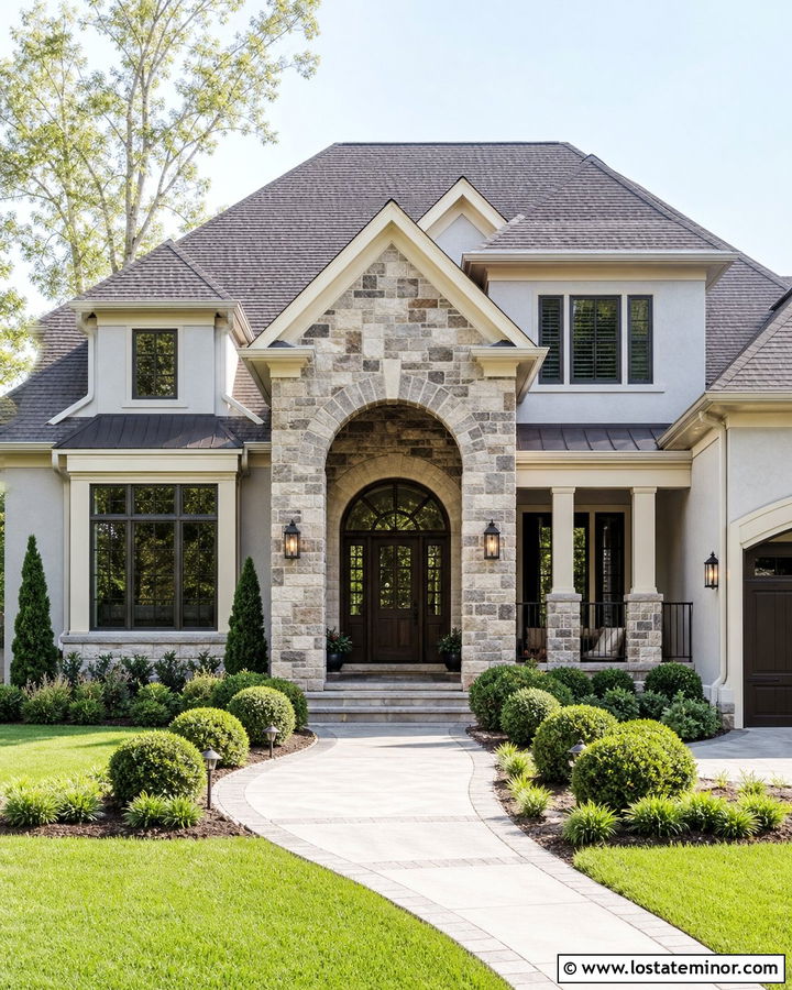 Dove Grey House With Stone Arch Entry - 30 Dove Grey House Design With Stone Accents Ideas