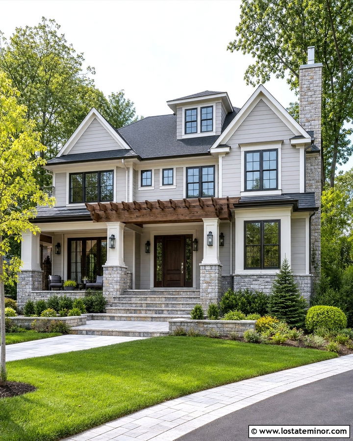Dove Grey House With Stone Columns And Pergola - 30 Dove Grey House Design With Pergola Ideas