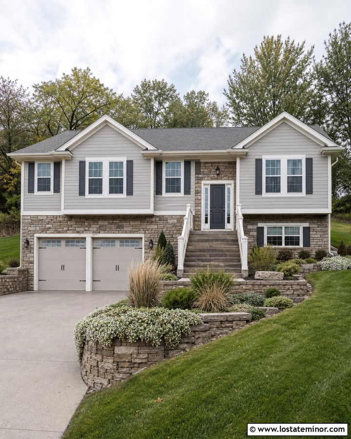 Dove Grey House With Stone Foundation - 30 Dove Grey House Design With Stone Accents Ideas