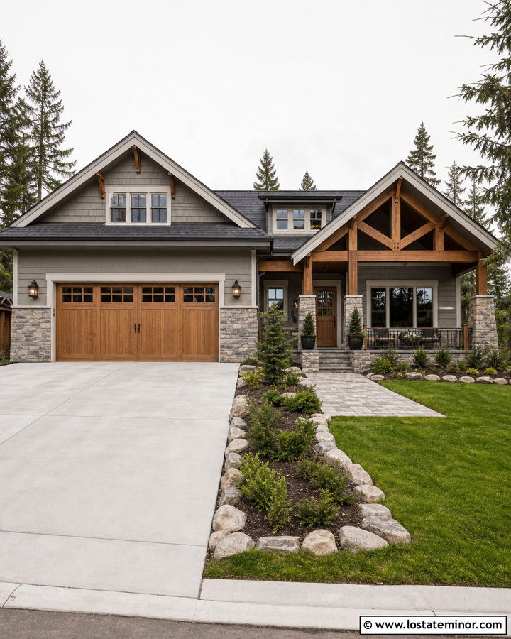 Dove Grey House With Stone Framed Garage Door - 30 Dove Grey House Design With Garage Door Ideas