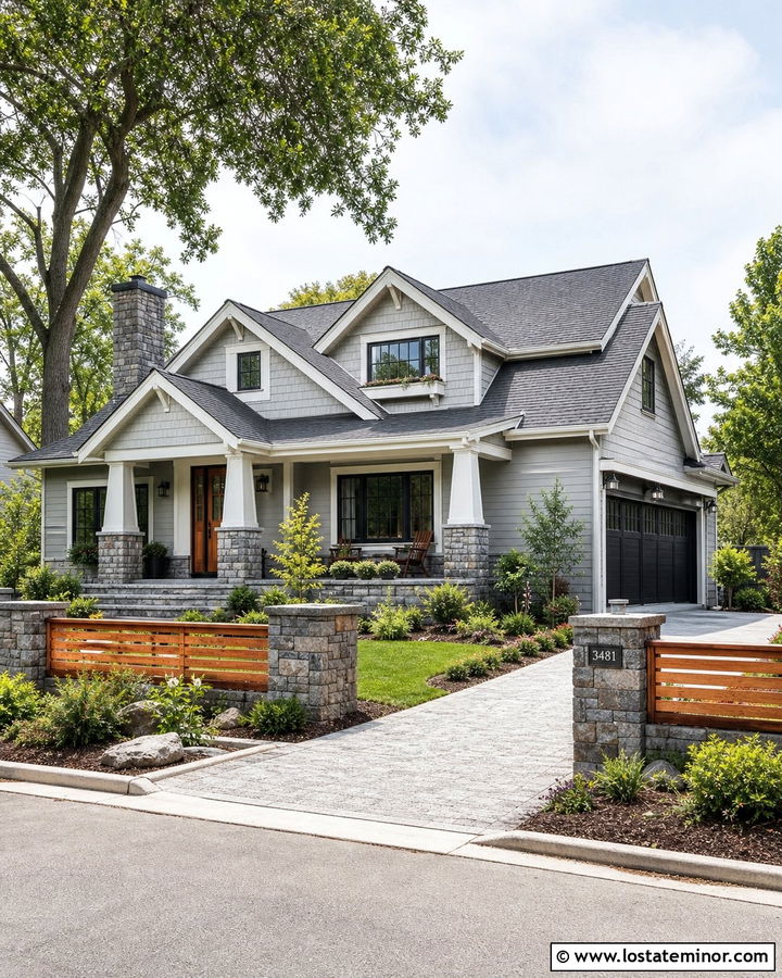 Dove Grey House With Stone Pillar Fence - 30 Dove Grey House Design With Fence Ideas