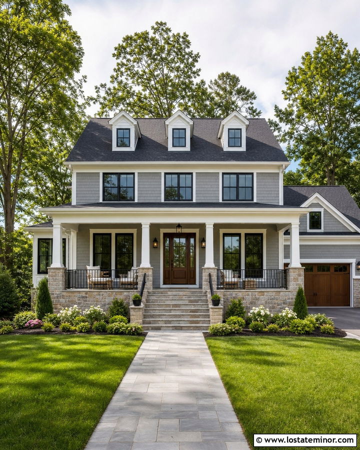 Dove Grey House With Stone Porch And Black Roof - 30 Dove Grey House Design With Stone Accents Ideas