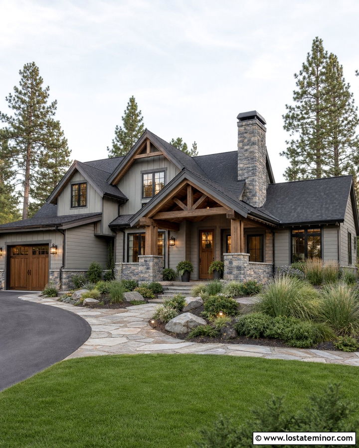 Dove Grey House With Stone Porch And Shingles - 30 Dove Grey House Design With Shingles Ideas