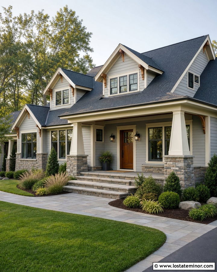 Dove Grey House With Stone Porch Columns - 30 Dove Grey House Design With Dormers Ideas
