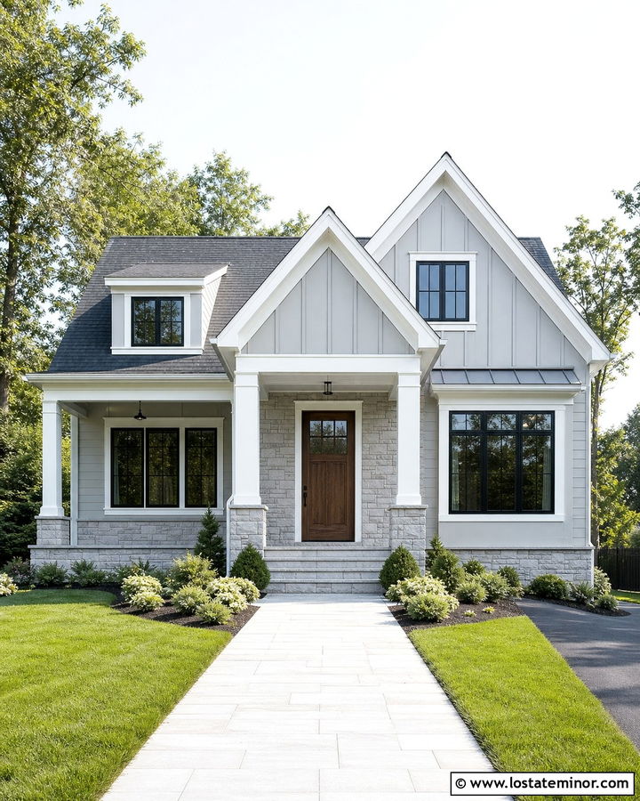 Dove Grey House With Stone Porch Gables - 30 Dove Grey House Design With Gables Ideas