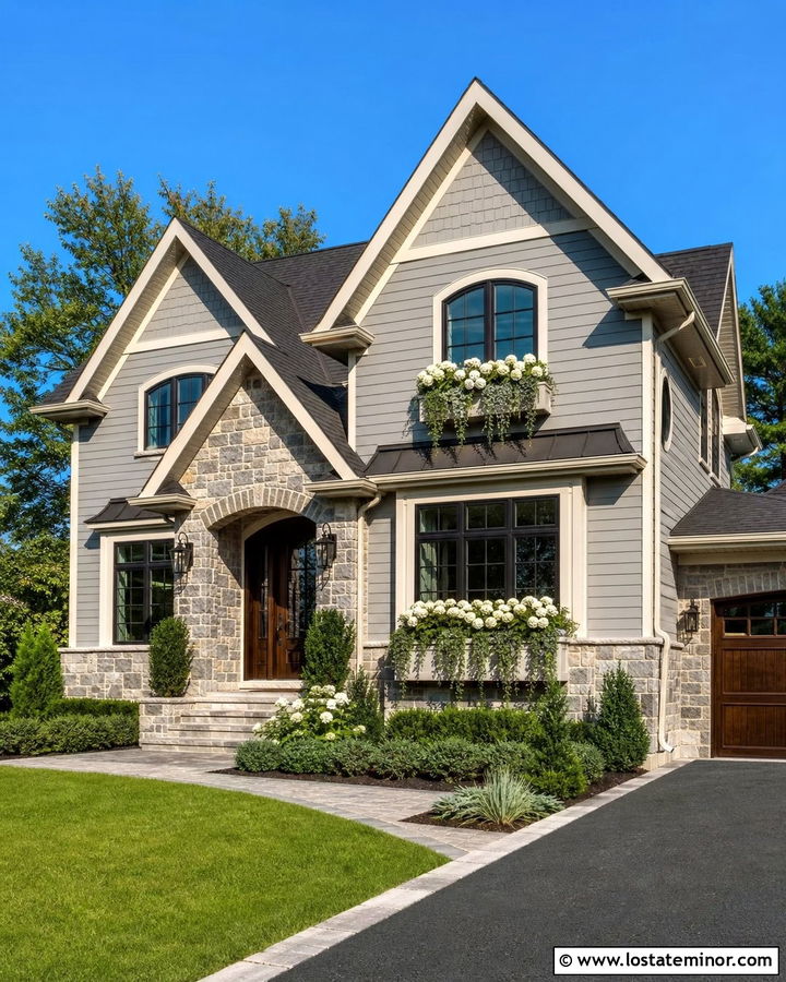 Dove Grey House With Stone Window Boxes - 30 Dove Grey House Design With Window Boxes Ideas