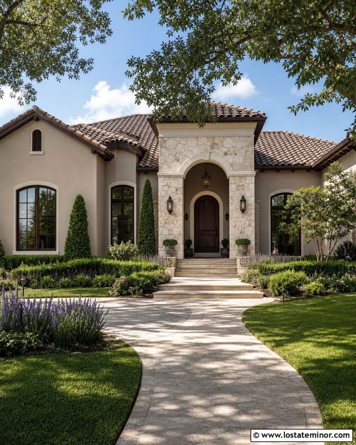 Dove Grey House With Tuscan Stone Porch Columns - 30 Dove Grey House Design With Porch Columns Ideas