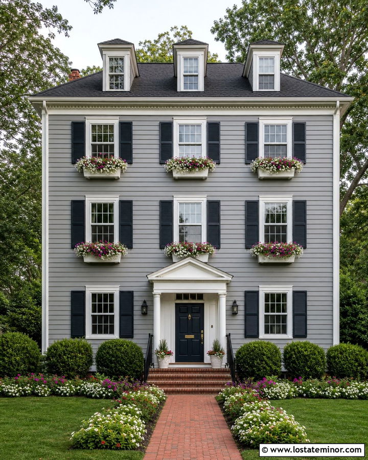 Dove Grey House With Upper Story Window Boxes - 30 Dove Grey House Design With Window Boxes Ideas