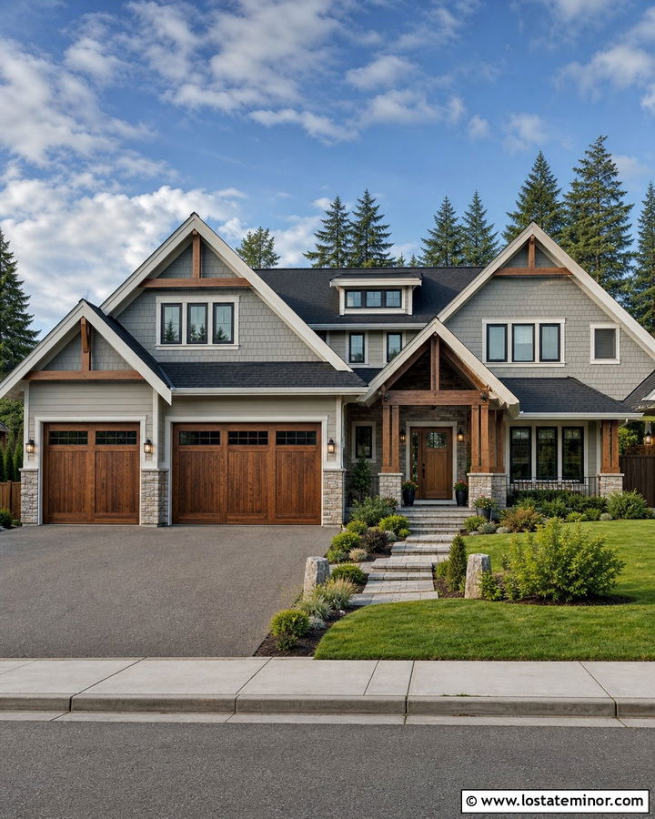 Dove Grey House With Walnut Garage Door - 30 Dove Grey House Design With Garage Door Ideas