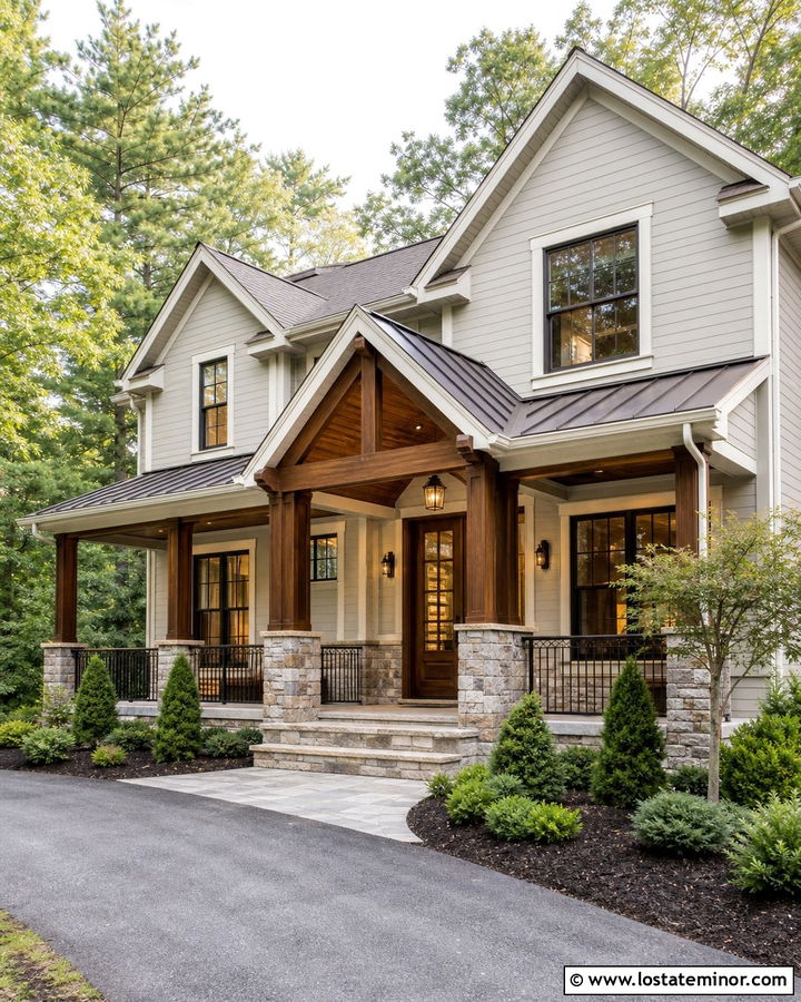 Dove Grey House With Walnut Porch Ceiling And Stone Columns - 30 Dove Grey House Design With Porch Ceiling Ideas