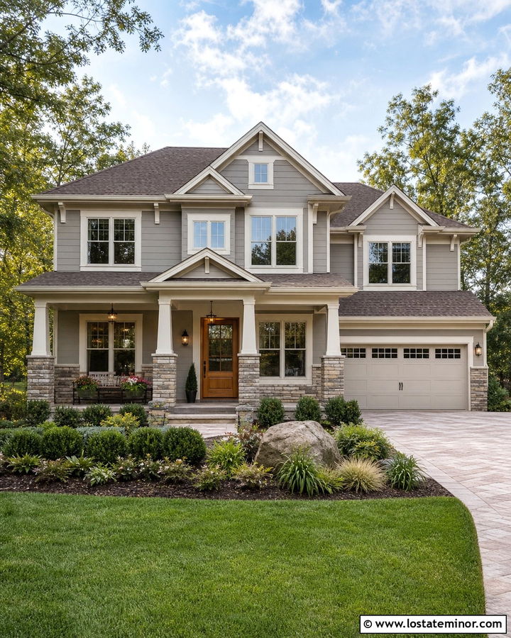 Dove Grey House With Warm Beige Stone - 30 Dove Grey House Design With Stone Accents Ideas
