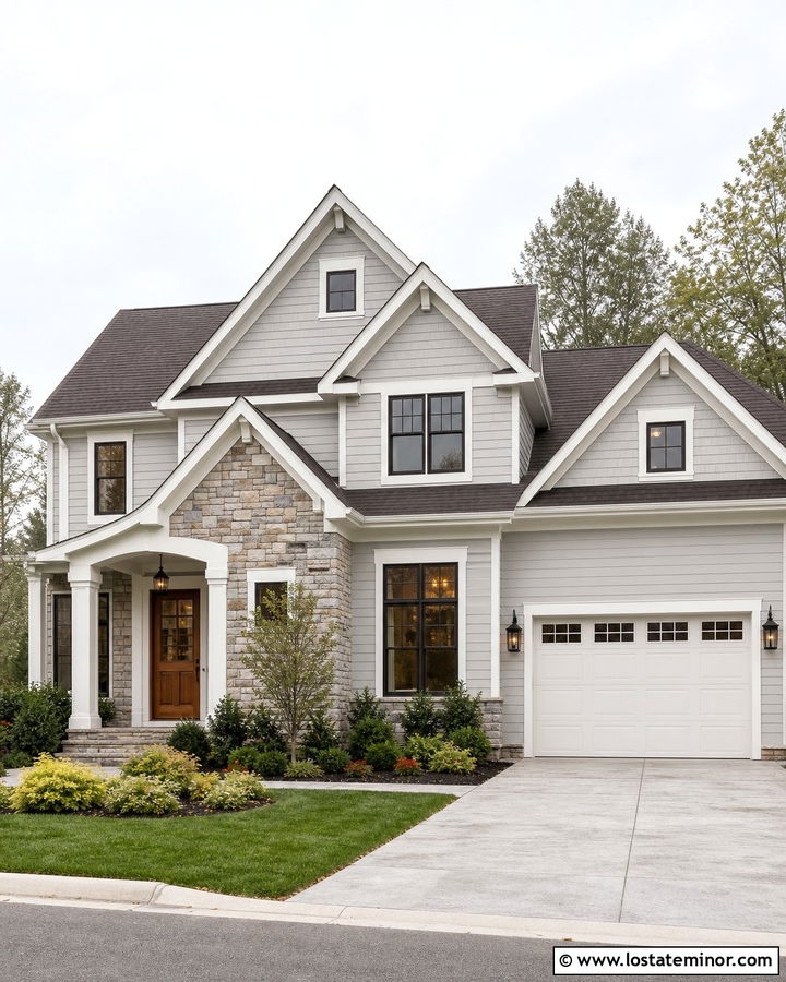 Dove Grey House With Warm White Trim And Stone - 30 Dove Grey House Design With Trim Ideas