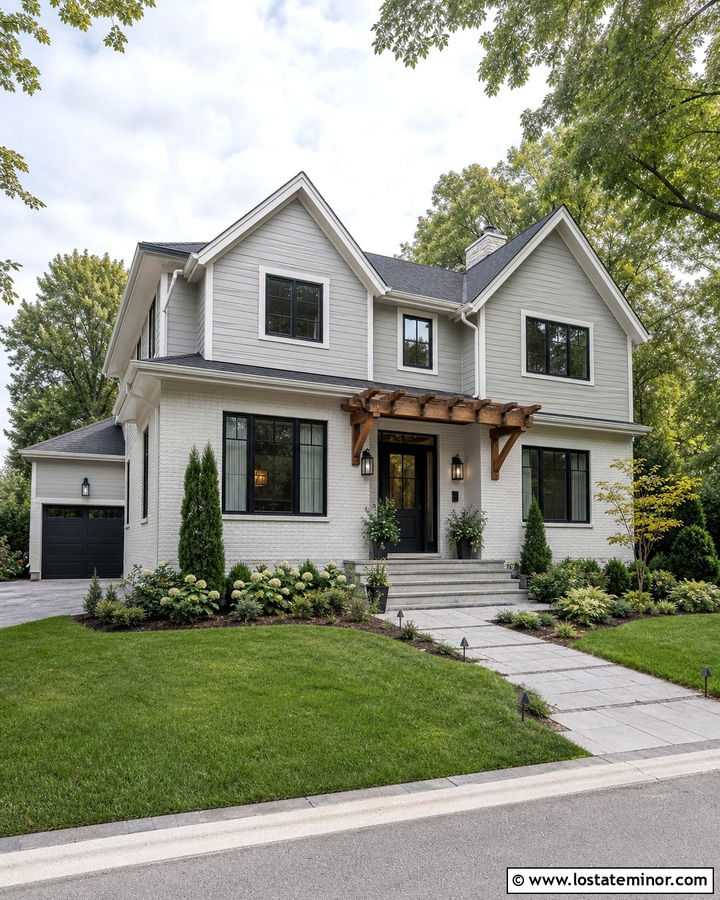 Dove Grey House With White Brick And Pergola - 30 Dove Grey House Design With Pergola Ideas
