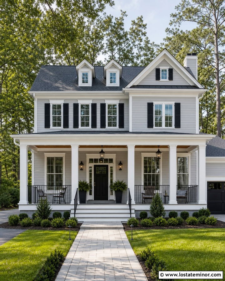 Dove Grey House With White Columns And Black Railings - 30 Dove Grey House Design With Porch Columns Ideas