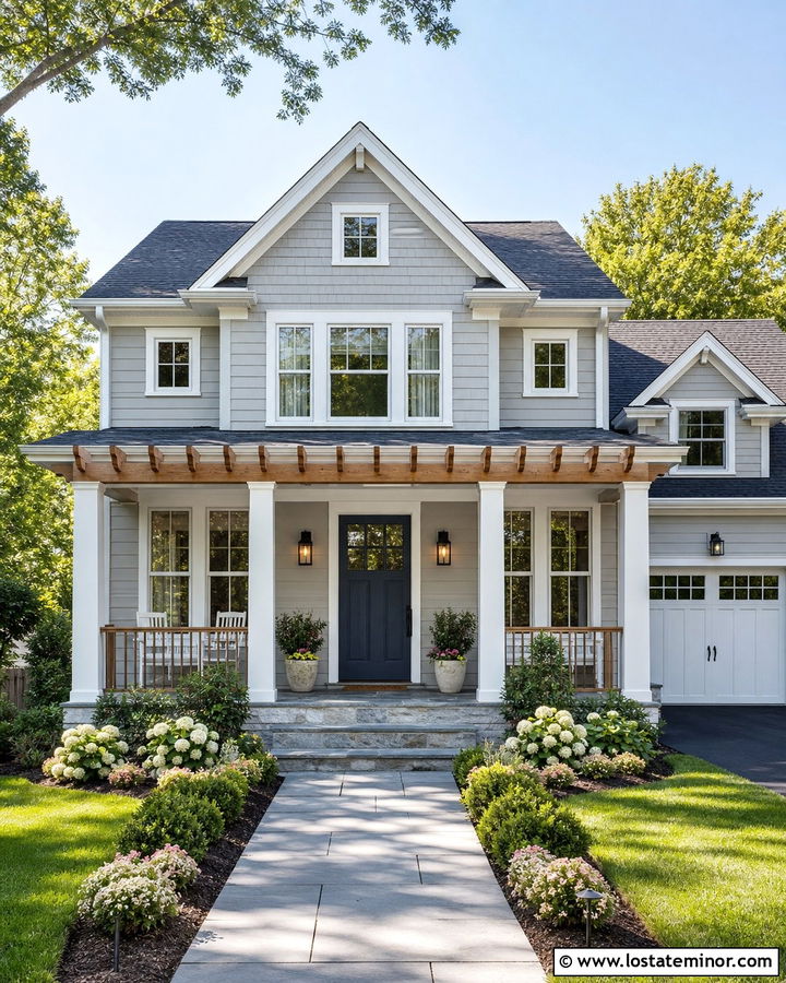 Dove Grey House With White Columns And Wood Pergola - 30 Dove Grey House Design With Pergola Ideas