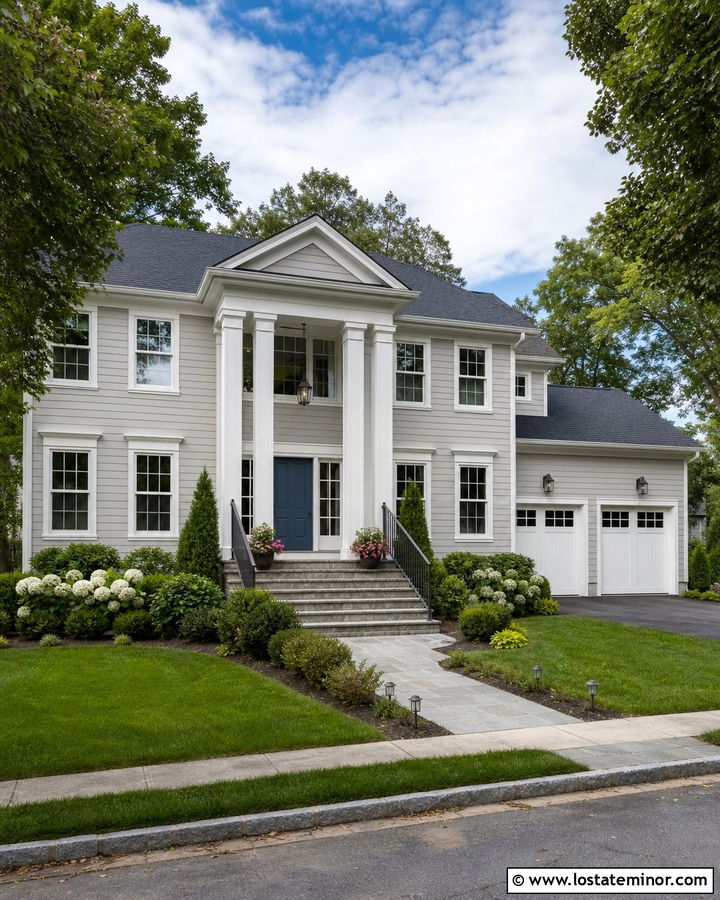 Dove Grey House With White Columns - 30 Dove Grey House Design With Portico Ideas