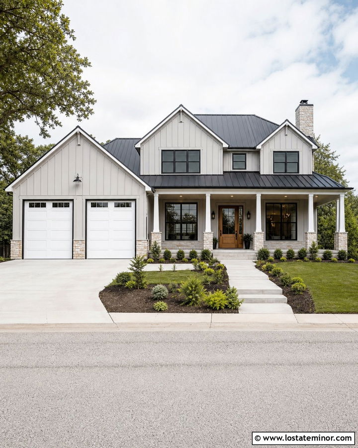 Dove Grey House With White Garage And Black Trim - 30 Dove Grey House Design With Garage Door Ideas