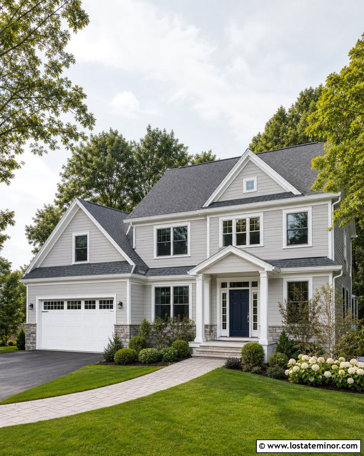 Dove Grey House With White Garage Door - 30 Dove Grey House Design With Shingles Ideas