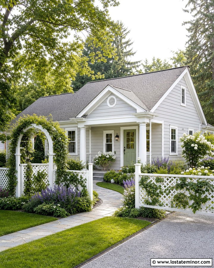 Dove Grey House With White Lattice Fence - 30 Dove Grey House Design With Fence Ideas