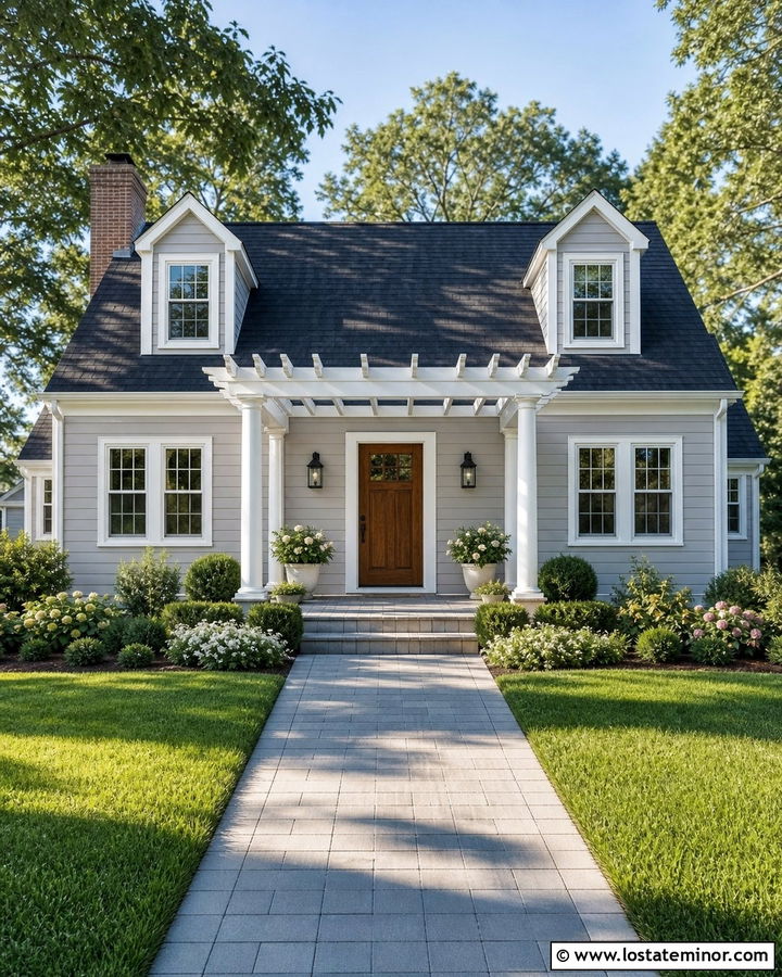 Dove Grey House With White Pergola - 30 Dove Grey House Design With Pergola Ideas
