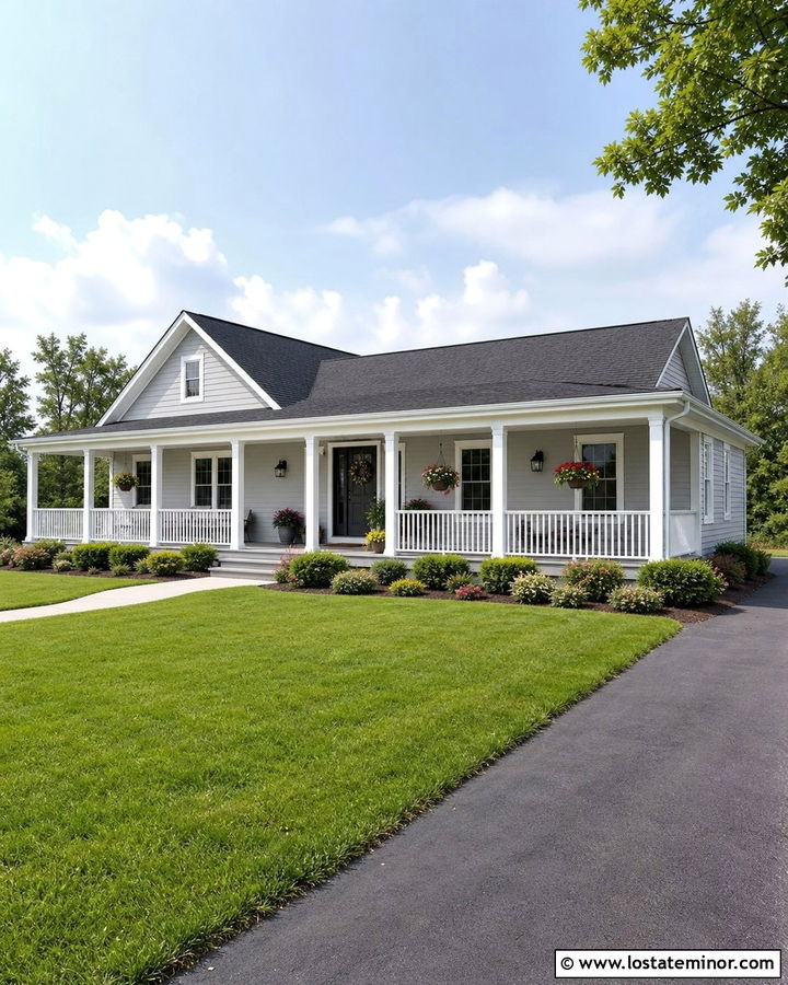 Dove Grey House With White Railing Porch - 30 Dove Grey House Design With Front Porch Ideas