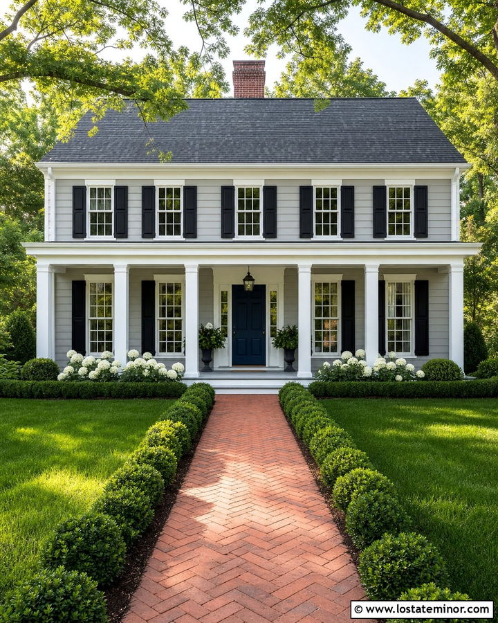 Dove Grey House With White Square Porch Columns - 30 Dove Grey House Design With Porch Columns Ideas